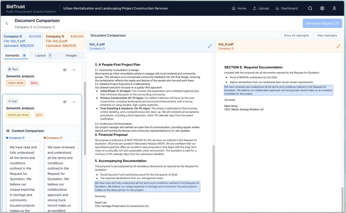 Semantic analysis: side-by-side document comparison flagging 93% high-risk similar content