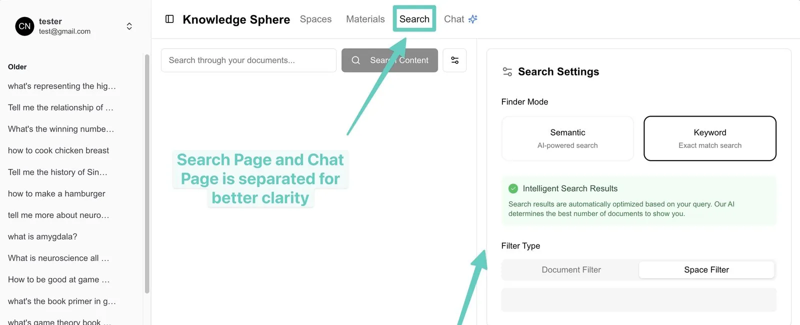 Search settings — semantic and keyword search dual modes