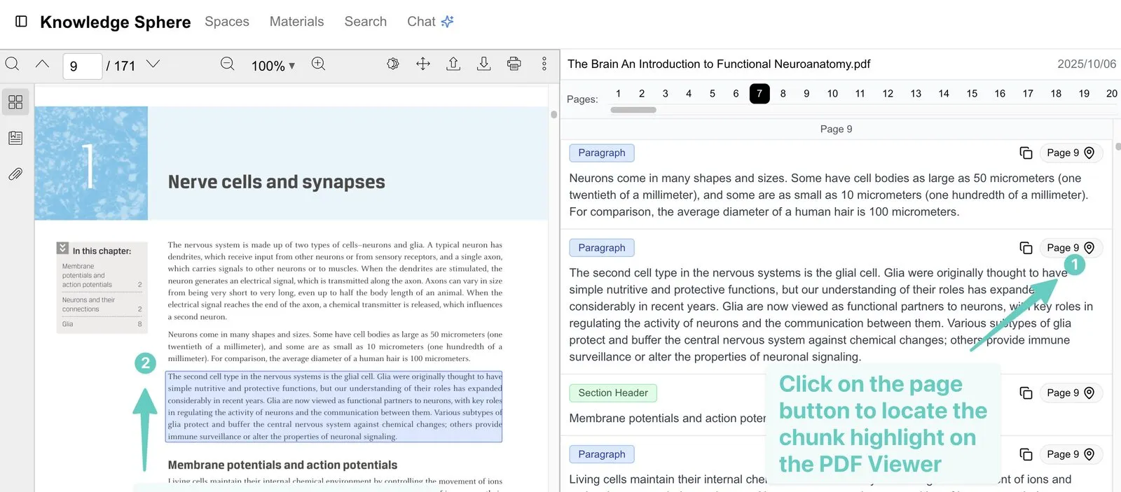Clicking a citation: the PDF viewer jumps to the page and highlights the cited passage
